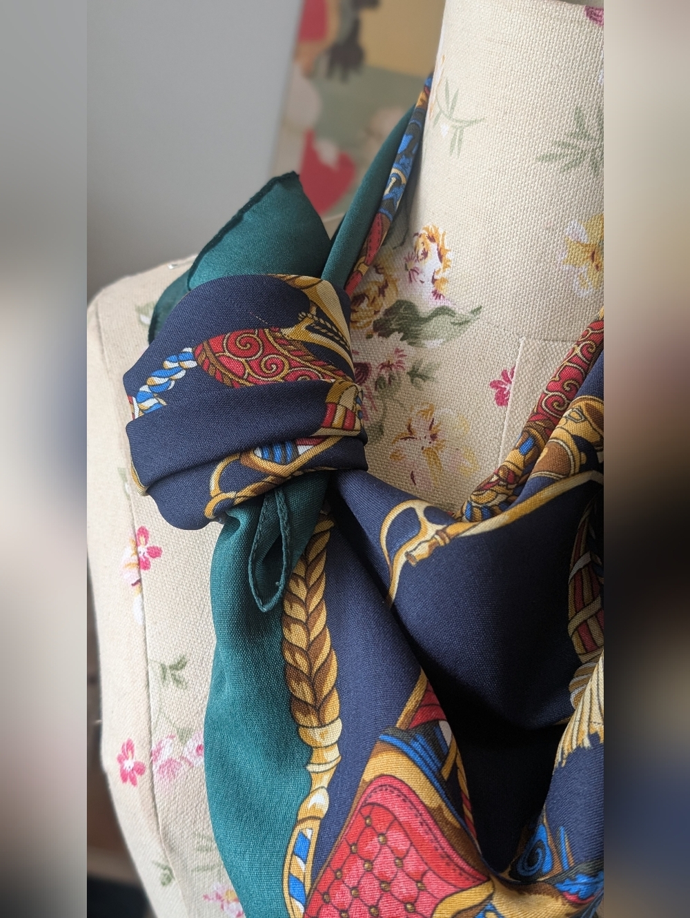OLGA Greco Printed Scarf in Navy, Emerald & Gold - Picture 4 of 10